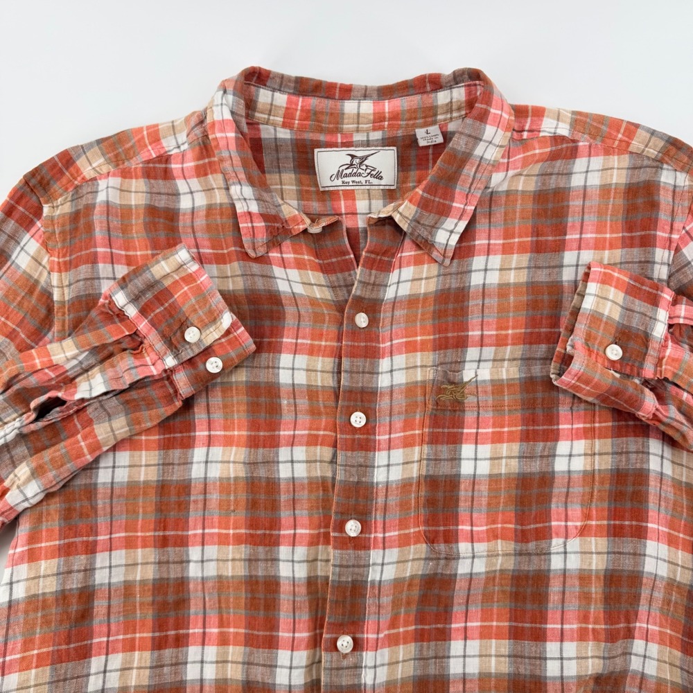 Madda Fella Linen Plaid Button Down Shirt‎ Long Sleeve Coastal Large Orange Tan